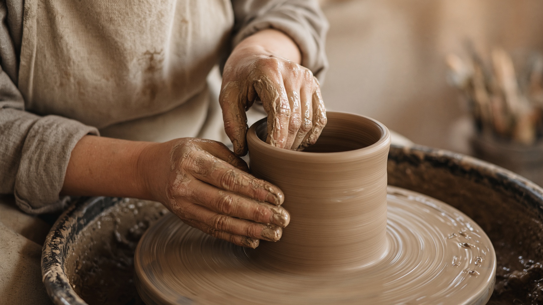 Hands covered in wet clay shaping a vessel on the wheel